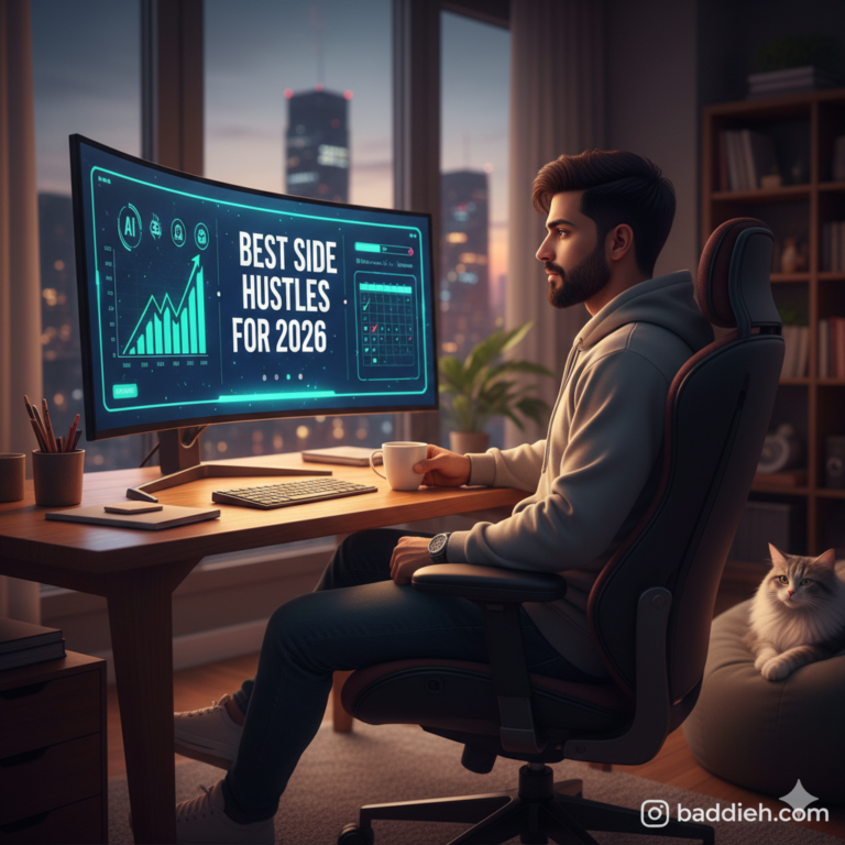 5 Best Side Hustles for 2026: Start Earning Extra Cash Today A person working on a laptop at home earning from the best side hustles for 2026 baddieh.com.