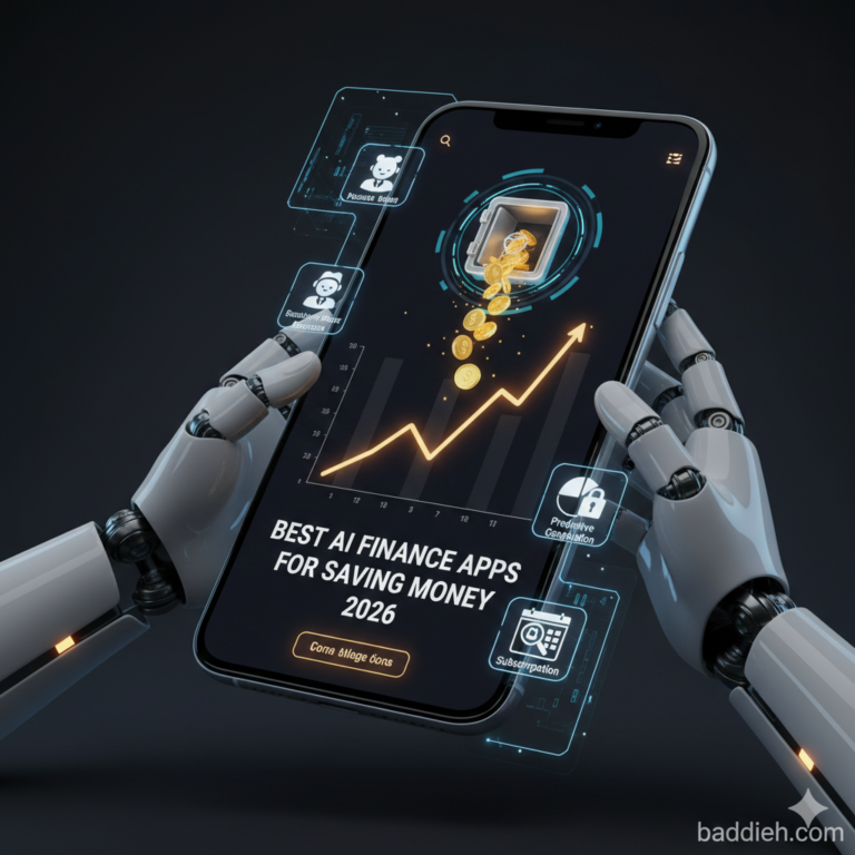 A futuristic mobile app interface showing automated savings and AI finance tools for 2026 baddieh.com.