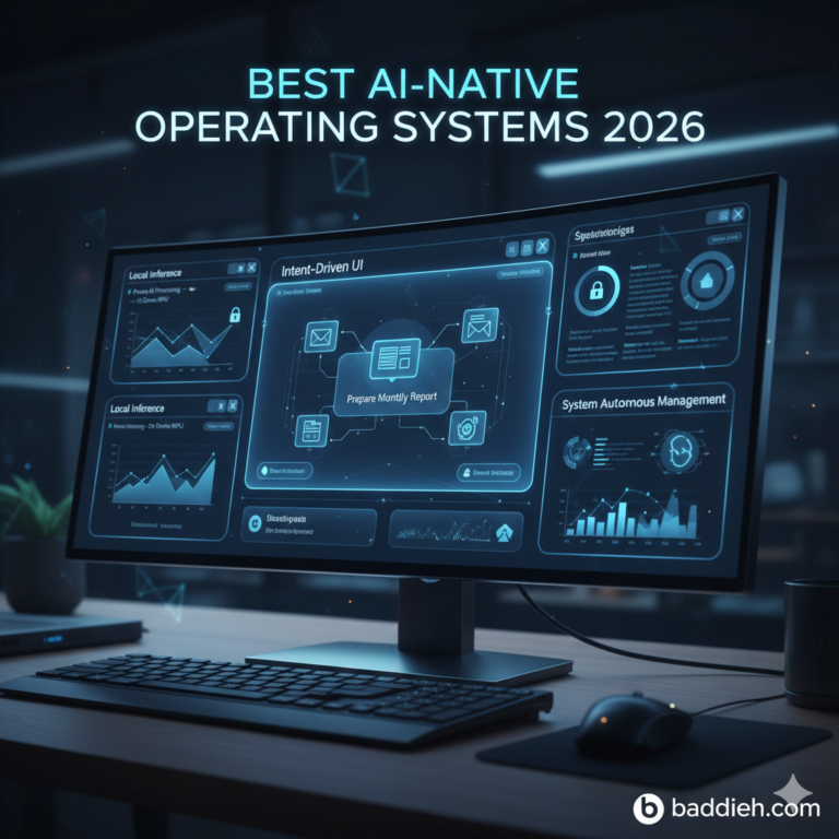 A futuristic computer screen showing an AI-native operating system interface baddieh.com.