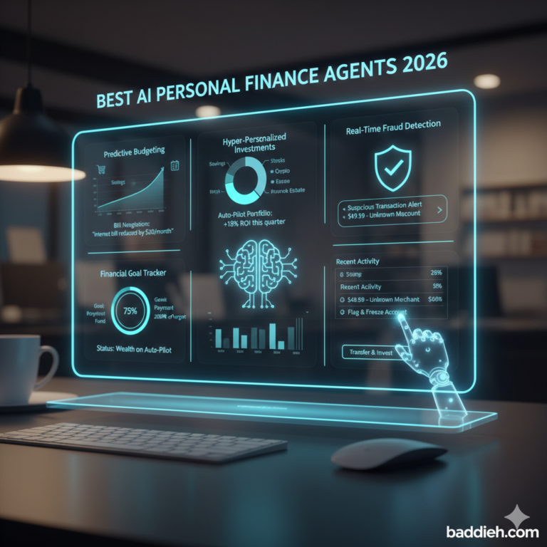 A high-tech financial app interface showing an AI agent managing wealth and savings baddieh.com.