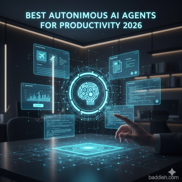 Best Autonomous AI Agents for Productivity 2026: From Chatting to Doing A futuristic digital dashboard showing an autonomous AI agent managing multiple professional tasks baddieh.com.