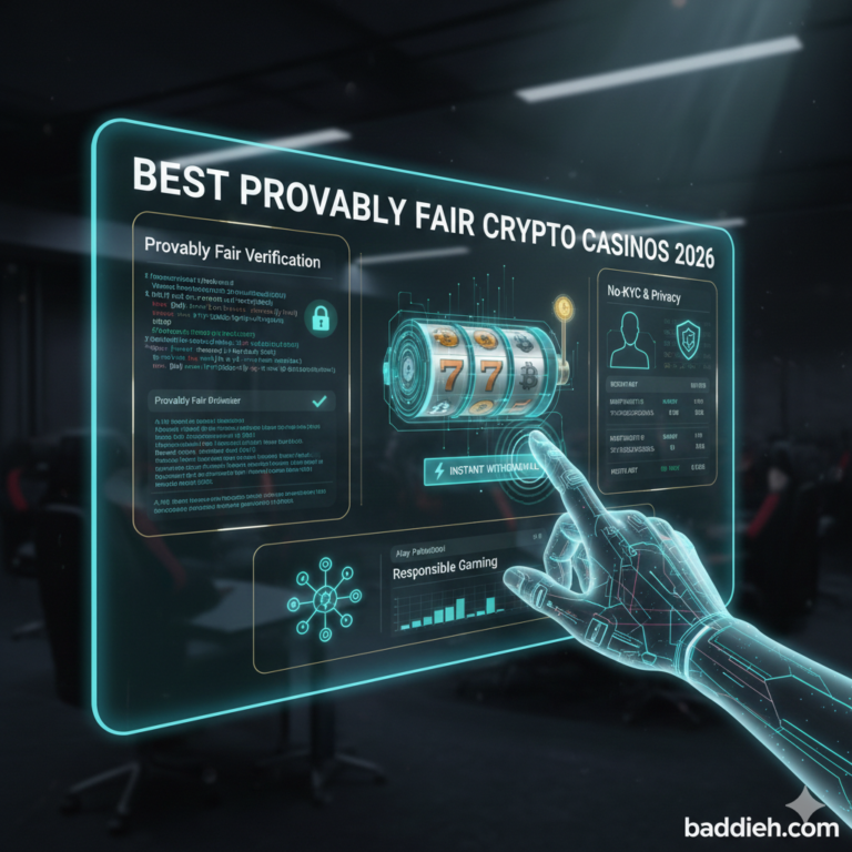 A futuristic crypto casino interface showing provably fair verification tools baddieh.com.