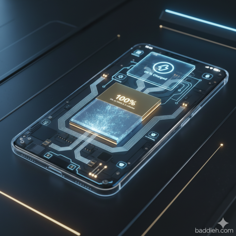 A futuristic smartphone internal view showing a solid-state battery unit baddieh.com.
