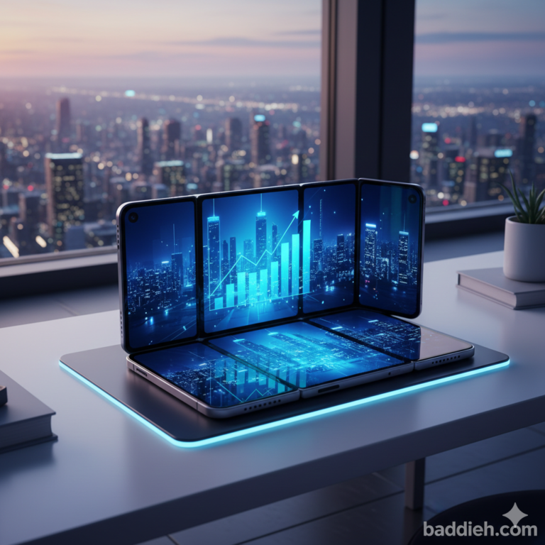 A high-tech tri-fold smartphone showing the future of foldable smartphones 2026 baddieh.com.