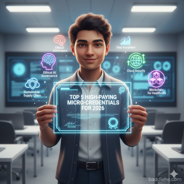 Top 5 High-Paying Micro-Credentials for 2026: Fast-Track Your Career A student receiving a digital certificate representing high-paying micro-credentials for 2026 baddieh.com.