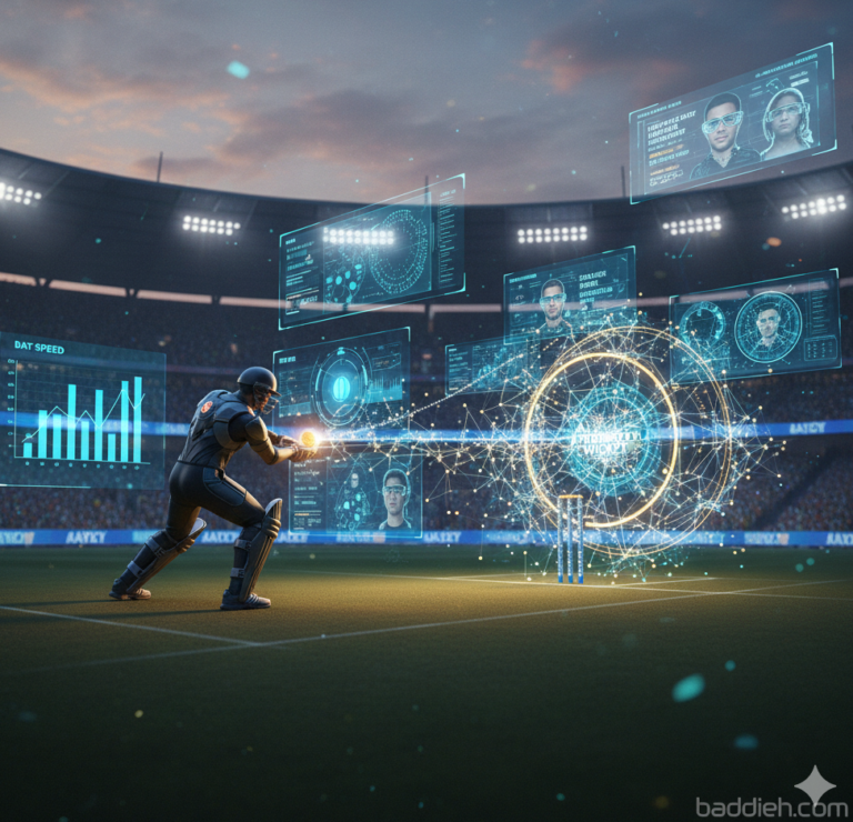 The Future of AI in Cricket 2026: A Revolution on the Pitch A futuristic cricket match with AI data analytics and holographic stats baddieh.com.