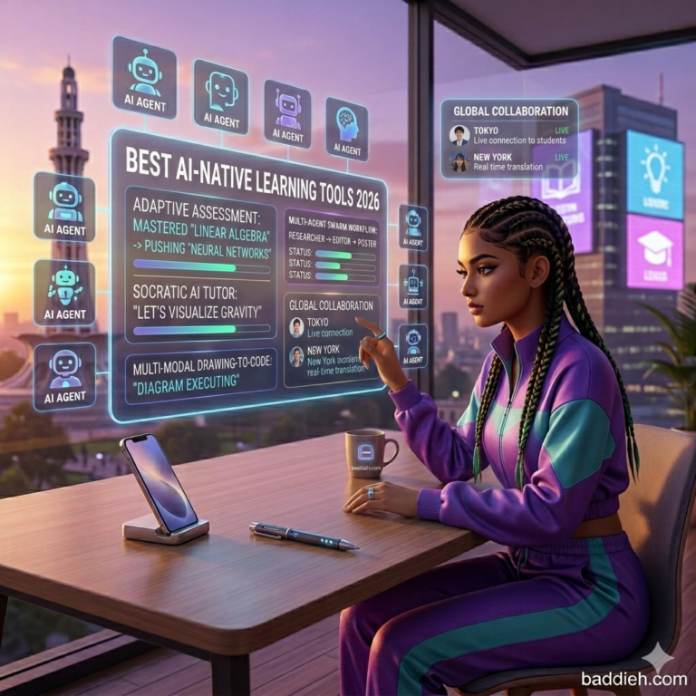 Best AI-Native Learning Tools 2026: The End of Traditional Homework A high-tech educational interface showing an AI agent guiding a student through complex data visualization baddieh.com.