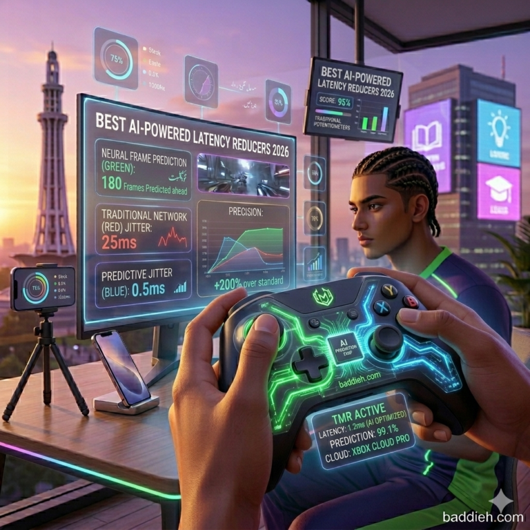 A gamer using an AI-enhanced dashboard to monitor and reduce network latency in 2026 baddieh.com.