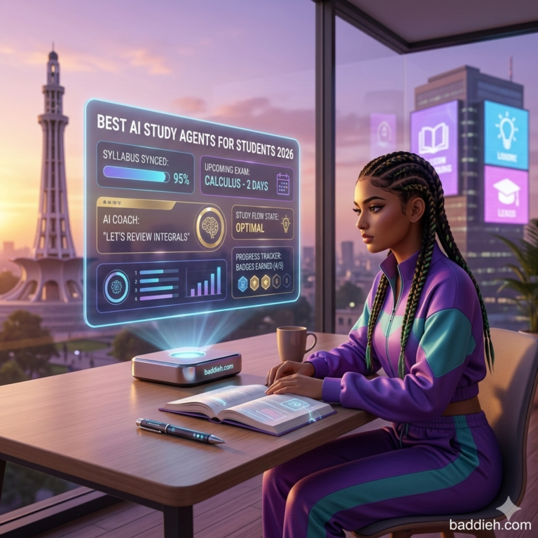 Best AI Study Agents for Students 2026: Your 24/7 Private Professor A student using a holographic AI agent for exam preparation and study management baddieh.com.