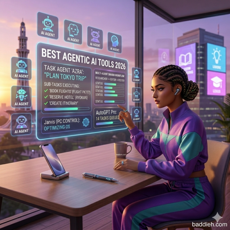 Best Agentic AI Tools 2026: From Chatbots to Digital Employees A high-tech interface showing autonomous AI agents performing multi-step business tasks baddieh.com.