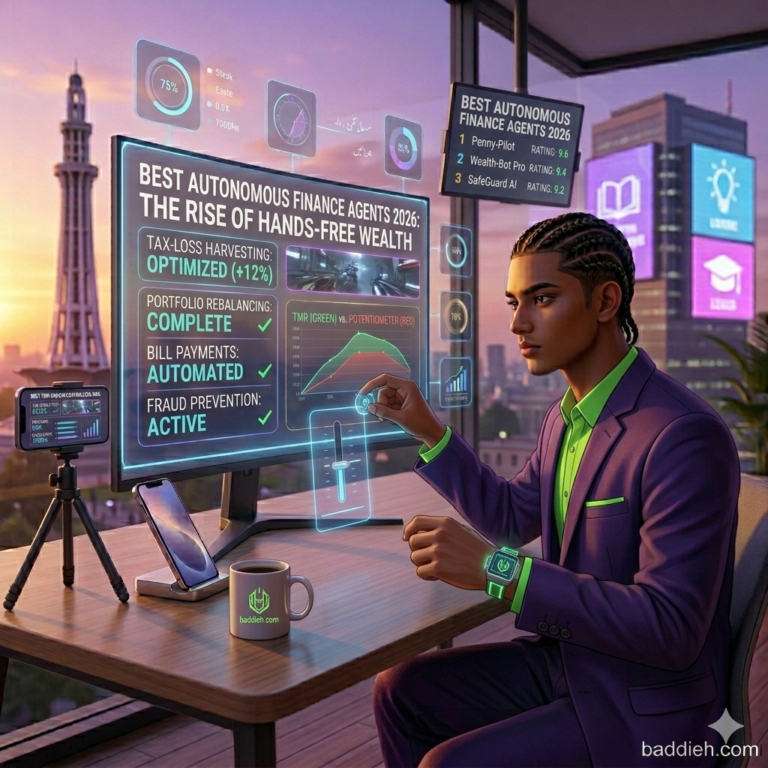 A futuristic AI money agent dashboard managing diverse financial assets for a user baddieh.com.