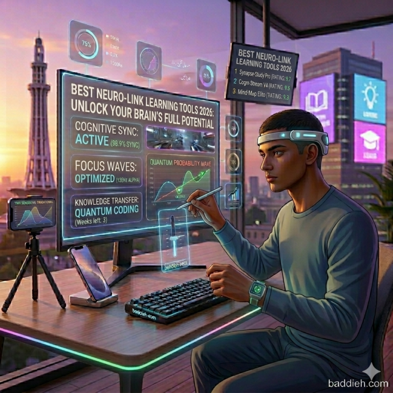 A student using a sleek neural headband while holographic educational data flows around them baddieh.com.