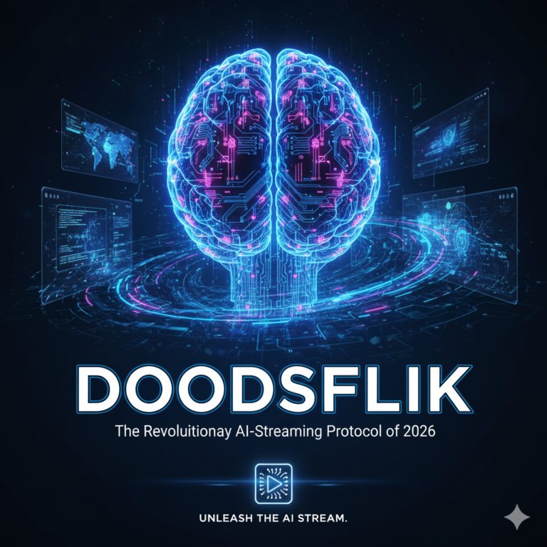 A futuristic home cinema setup showing the Doodsflik interface with neural-sync indicators baddieh.com.