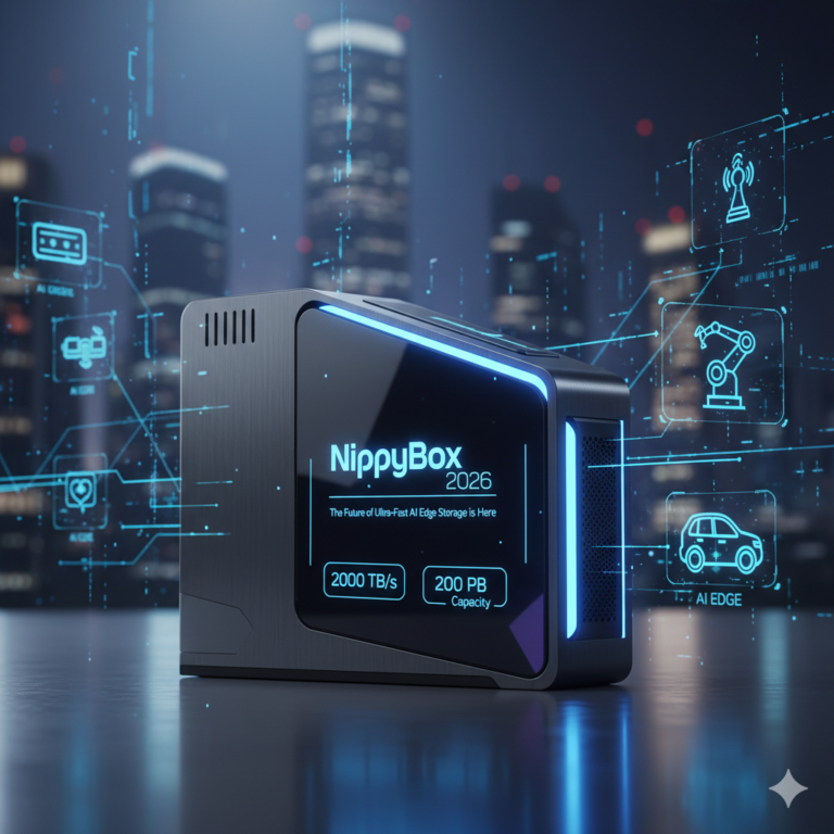 A sleek, glowing metallic NippyBox device on a wooden desk with holographic data transferring around it baddieh.com.