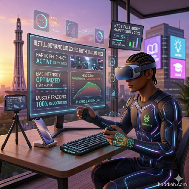 A gamer wearing a sleek, glowing haptic feedback suit in a futuristic setup baddieh.com.